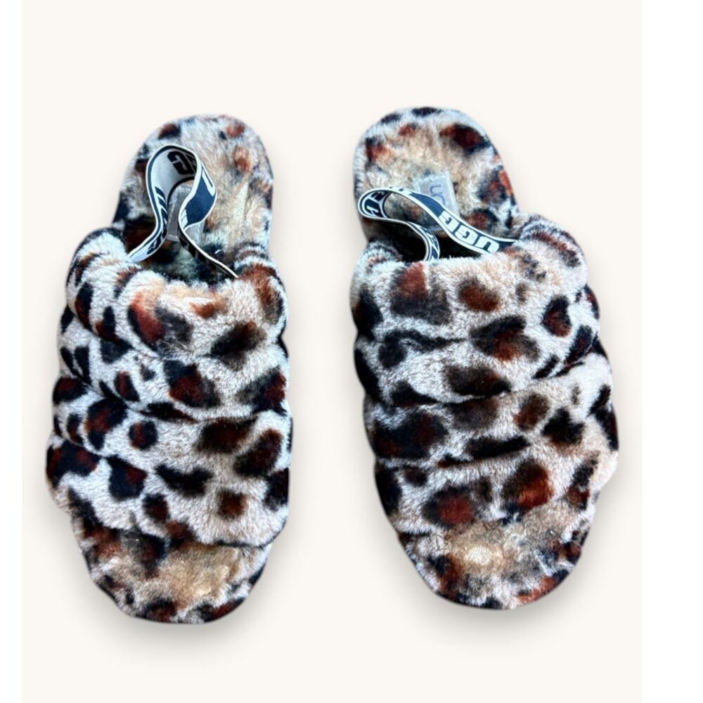 UGG Leopard Print Faux Fur Slippers Cozy Plush House Shoes